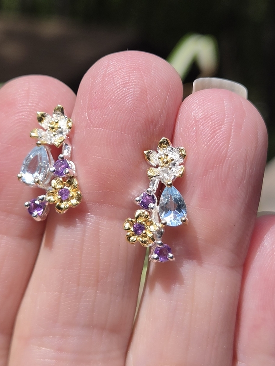 Celestial Kharma Collection by Avelon Jewelry - Blue Topaz & Amethyst Natural Floral Sterling & Gold Earrings
